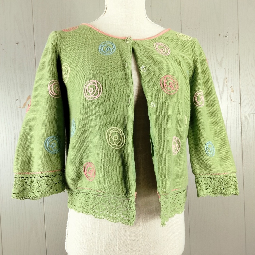 Garnet Hill Cardigan Womens S Green Knit Lace Spring Embroidery Artsy‎ Fancy